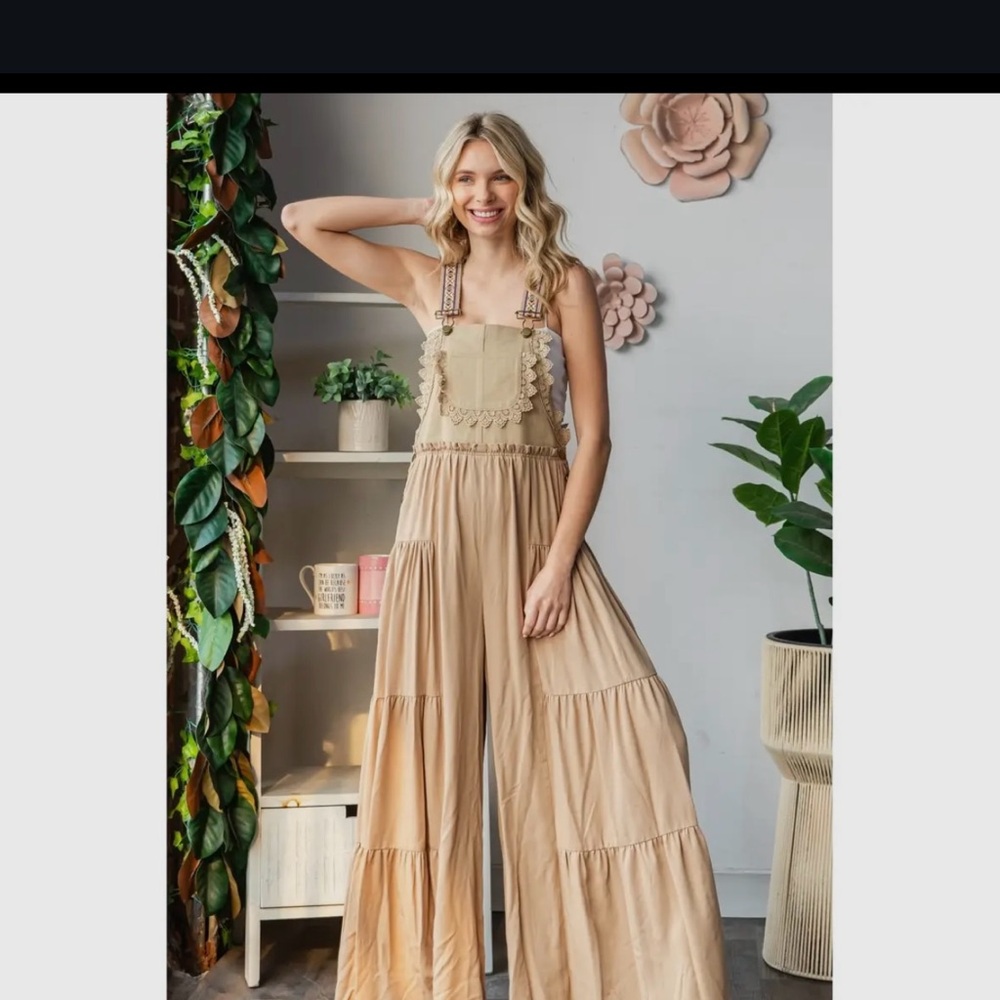 NWT - Veveret - Khaki Tiered Wide Leg Overalls Ruffle and Embroidery Details
